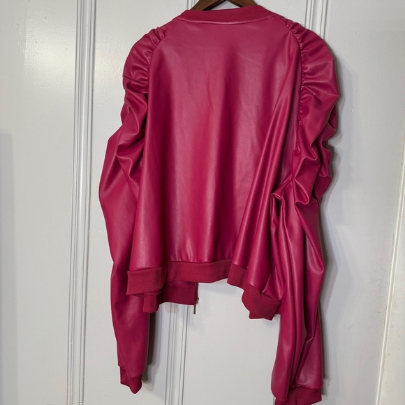 Ashley Stewart Plus Size Faux Leather Ruched Bomber Jacket Hot Pink Ruffle 32 5X - Picture 13 of 13